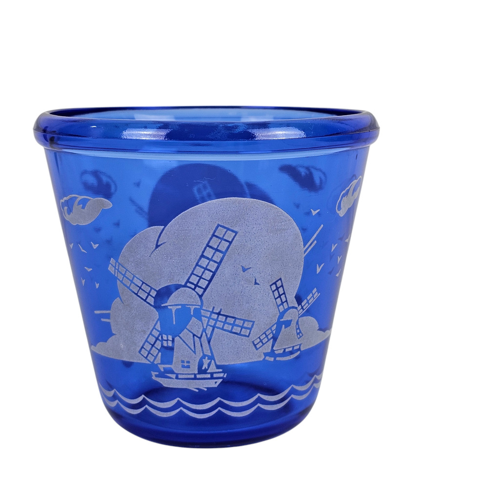 VTG Hazel Atlas cobalt blue glass ice bucket windmills 4.25